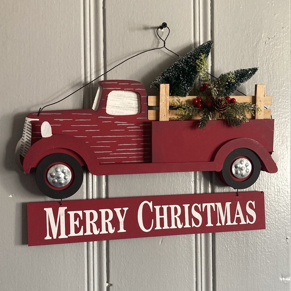 NWT- Red Farmtruck- Merry Christmas Wooden Decor Sign w/ Bottle Brush Trees 🌲 - Picture 10 of 17